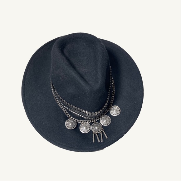 Accessories - Black Boho Brim Hat With Silver Coin Details